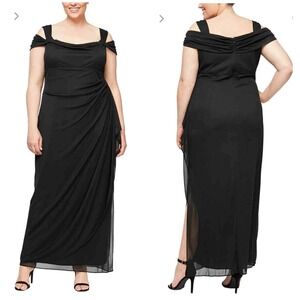 Alex Evenings Exposed Shoulder Ruched Waterfall Hem Mesh Gown Size 16 Black Prom